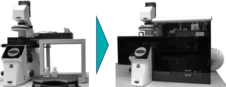 AcCellerator real-time deformability cytometry system shown without and with the HeatModule enclosure for controlled temperature cell mechanics experiments up to 37 °C.
