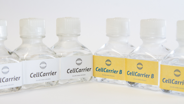 Bottles of CellCarrier and CellCarrier B measurement buffer for real-time deformability cytometry (RT-DC)