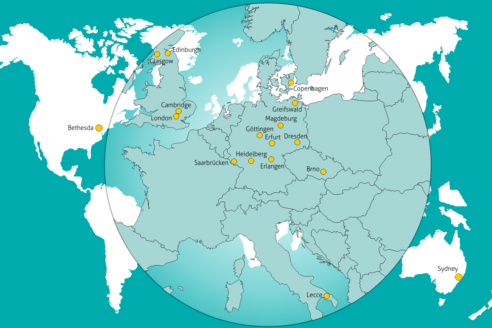 World map showing research laboratories using RT-DC and label-free cell analysis systems worldwide