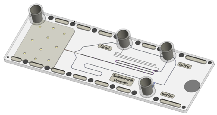 RubyC disposable microfluidic chip with integrated reservoirs for blood, buffer and waste